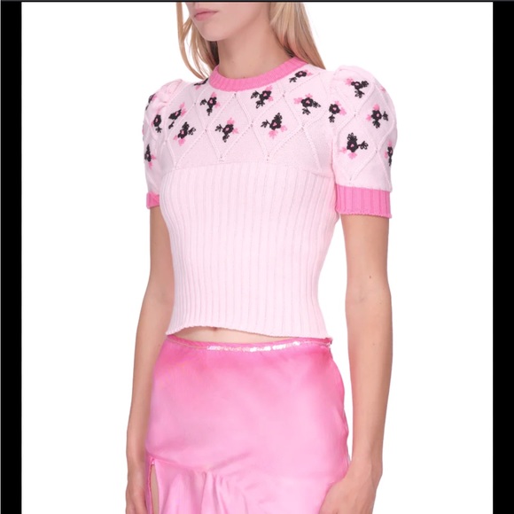 Cormio Tops - Cormio shirt - light pink with hand embroidered floral accents knit short sleeve